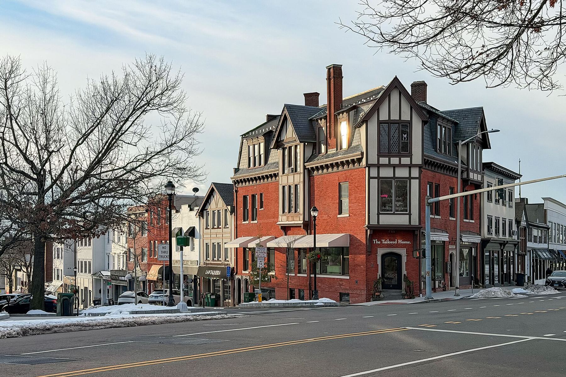 Shops and Tudor-style buildings on Greenwich Avenue